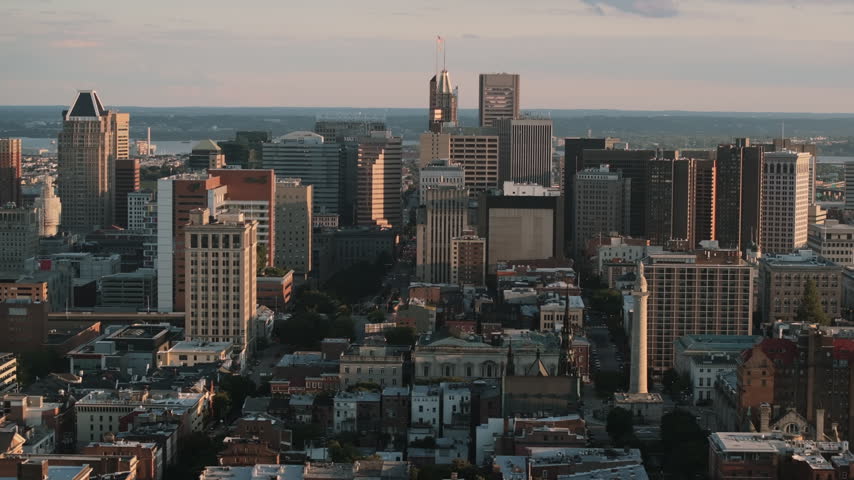 Establishing shot of Baltimore, Maryland at sunset