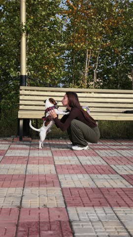 A woman in a brown top and olive pants crouches on patterned brick pavement to kiss a small white and brown dog wearing a red harness.