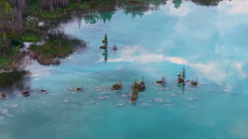 Vivid turquoise water surrounds small tree covered islets and flooded vegetation in a remote wetland near Hessel Michigan.