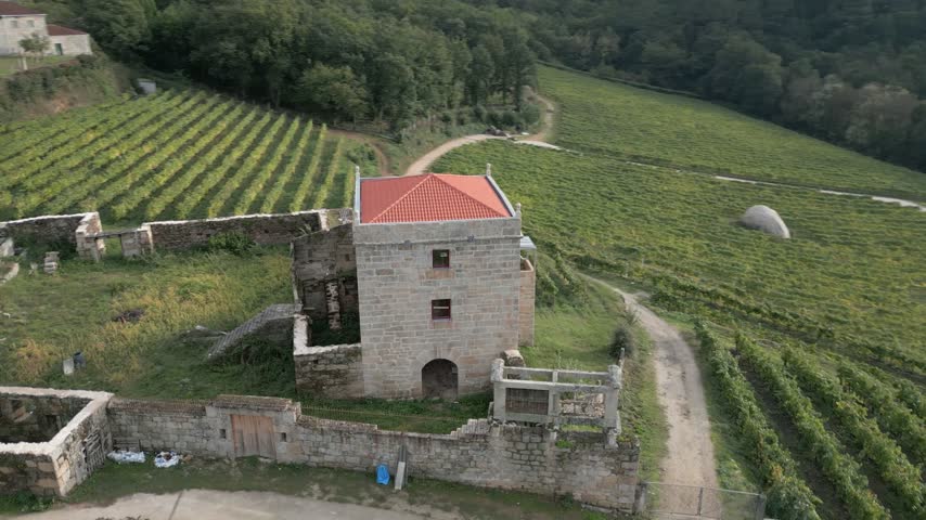 Torre de Puga beside winding farm road in Toen, Ourense, Galicia, Spain, aerial