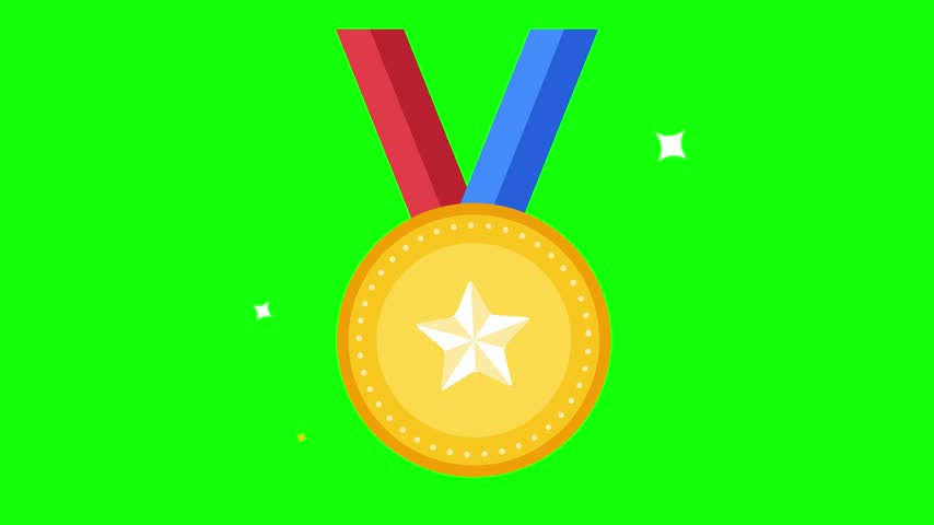 Flat vector illustration of a gold medal featuring a white star and red blue ribbons on a green chroma key background.