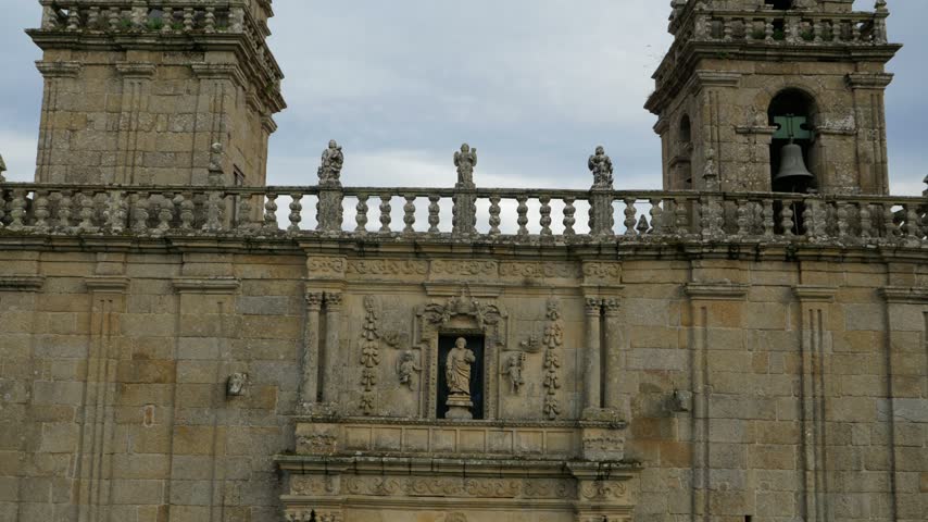 Ornate stone facade of San Pedro de Moreiras church in Toen, Ourense, Galicia, Spain