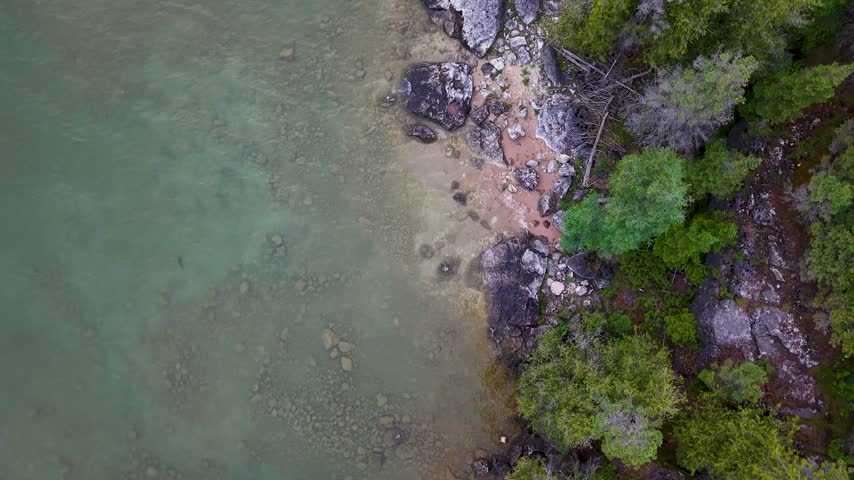 A top down drone view traces a rugged rocky shoreline where clear water meets dense forest
