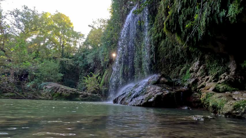 Crystal clear water falls from mossy cliff into calm forest pond nestled among vibrant trees and rocky terrain while golden sunlight beams through lush leaves in tranquil wilderness sanctuary