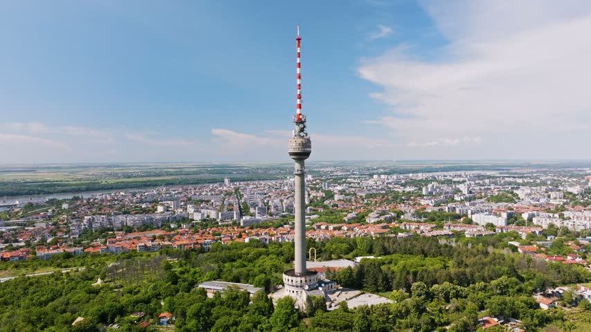 Ruse TV Tower And City Panorama Aerial Drone View Rousse Bulgaria High Communication Tower Danube River Background Summer Tourism Landmark Journey Natural Landscape