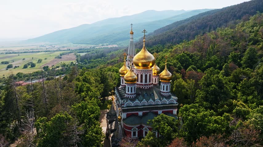 Orthodox Shipka Memorial Church Aerial Drone View Golden Domes Stara Planina Foothills Forest Landscape Shipka Bulgaria Historical Memorial Temple Birth Of Christ Summer
