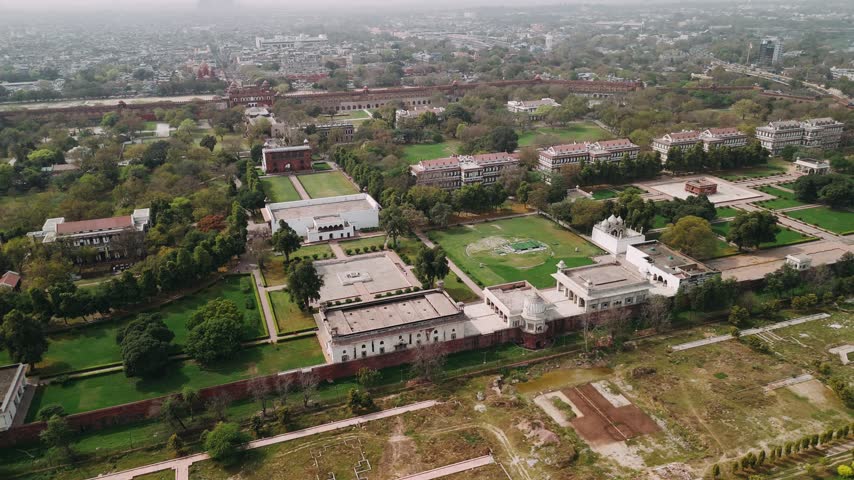 Aerial view of the red fort complex, a historical landmark and unesco world heritage site in delhi, india.