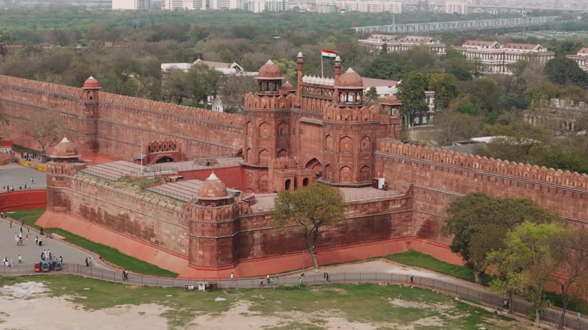 Aerial view of the majestic red fort, a unesco world heritage site and mughal architecture landmark in old delhi, india.