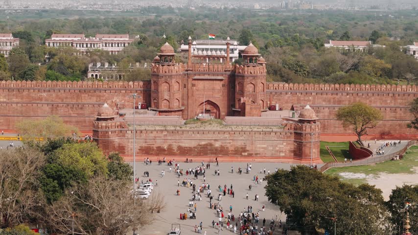Aerial view of the red fort, a unesco world heritage site and mughal architecture landmark in old delhi, india.