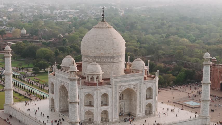 Taj mahal mausoleum aerial view, marble mausoleum on the south bank of the yamuna river in agra, india.