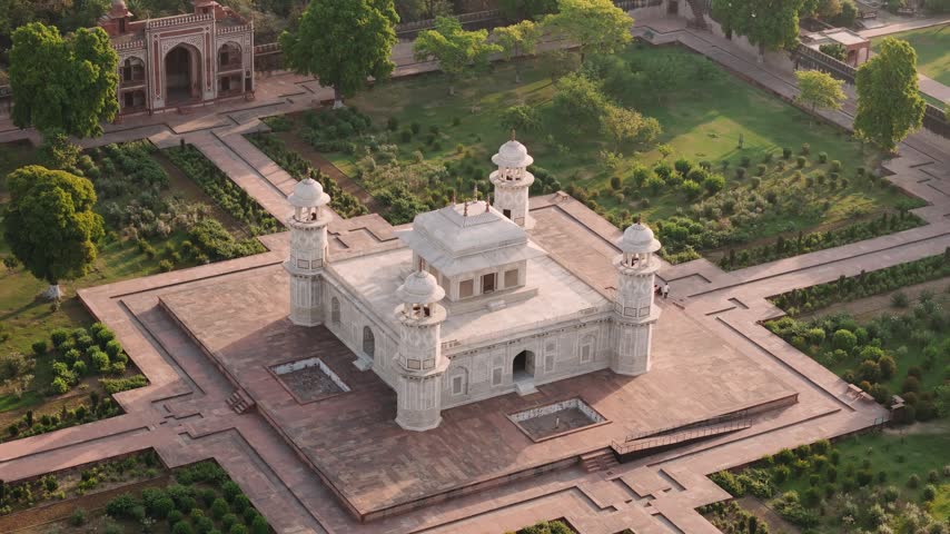Aerial view of baby taj, also known as itimad ud daulah tomb, an iconic mughal mausoleum in agra, india.