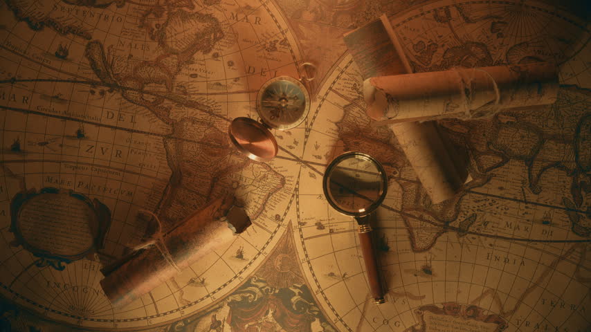 Vintage world map with compass, magnifying glass and old scroll. Navigation, expedition planning, treasure hunt, history and geography concept