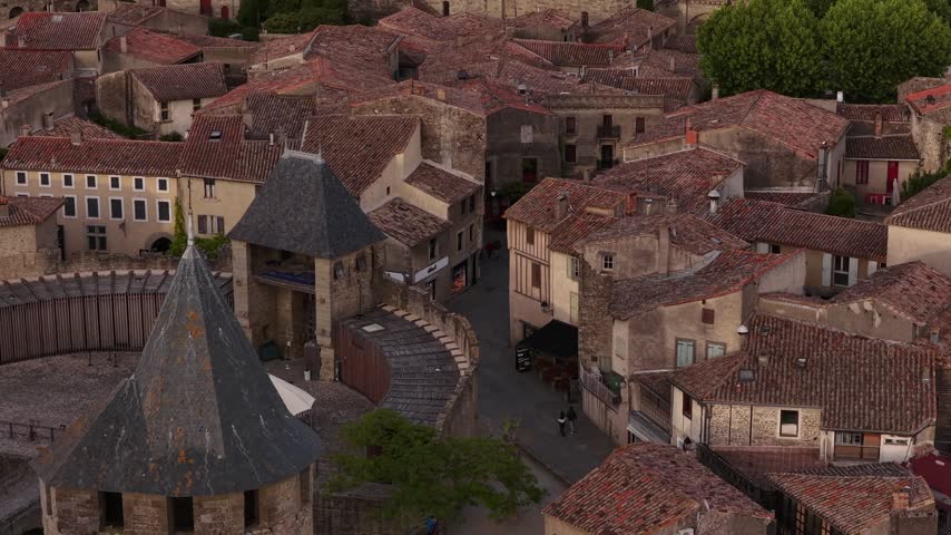 Medieval rooftops and rampart towers inside the Cité de Carcassonne in southern France