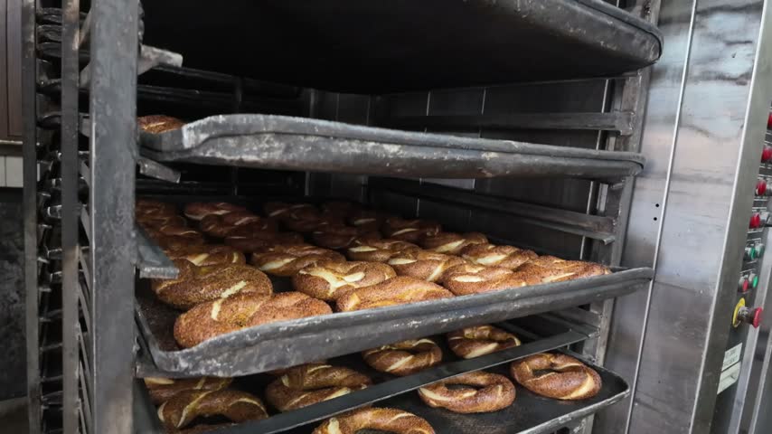 Freshly baked pretzels from the oven in a bakery