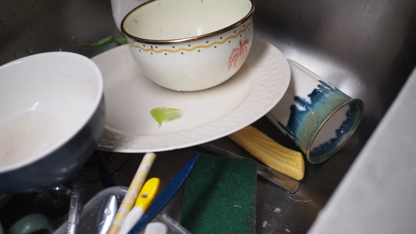 Messy kitchen sink with dirty dishes and utensils