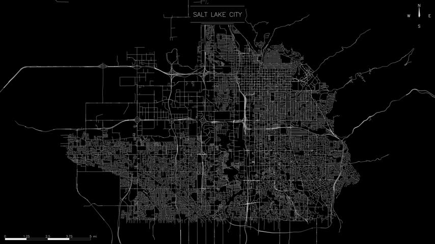 Minimalist digital map of Salt Lake City, dense urban grid, complex road network with flowing lights representing traffic