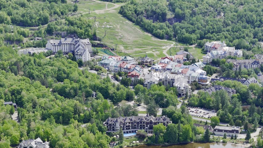 Aerial view of Mont Tremblant resort village, Quebec, Canada with lake, forest and mountain landscape in summer. g.