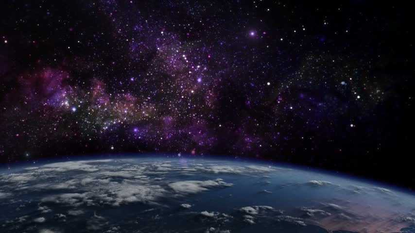 Slowly panning shot from earth into space with a beautiful galaxy in background shows cosmic beauty.