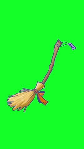 Hand drawn animated Halloween witch broomstick illustration with red ribbon on chroma key green screen background for video editing