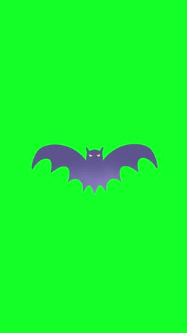 Hand drawn animated purple bat illustration flapping wings on chroma key green screen background for video editing