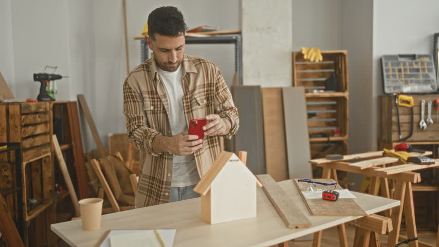Man with hand holding smartphone photographing wooden house model at carpentry studio workbench; craftsmanship focus.