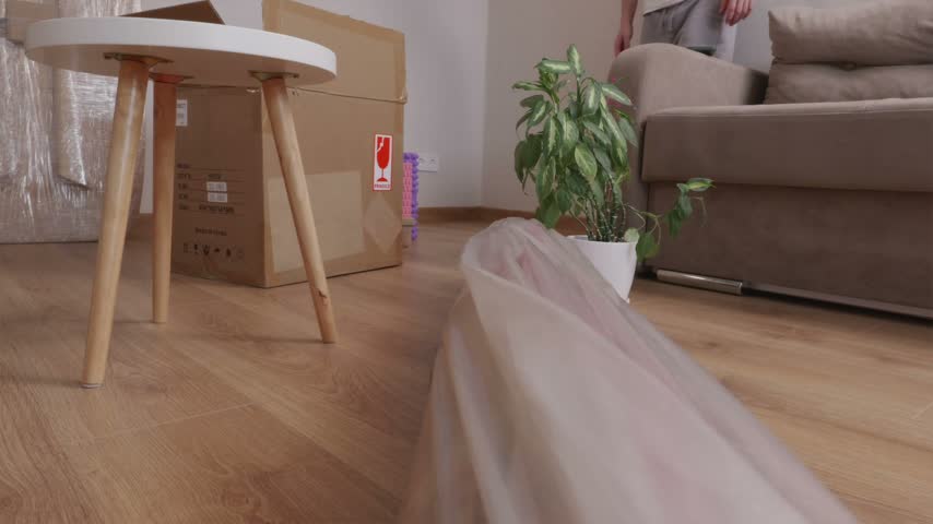 Delivery worker bringing large cardboard furniture box package into residential apartment entrance.