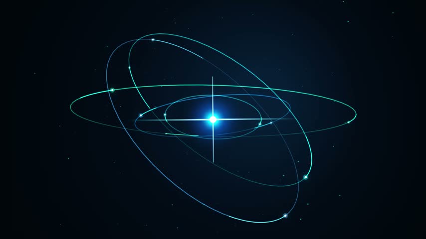 Space illustration with glowing blue planet and orbits