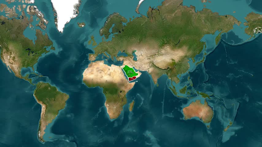 Animated map showing military strikes from Saudi Arabia to Yemen