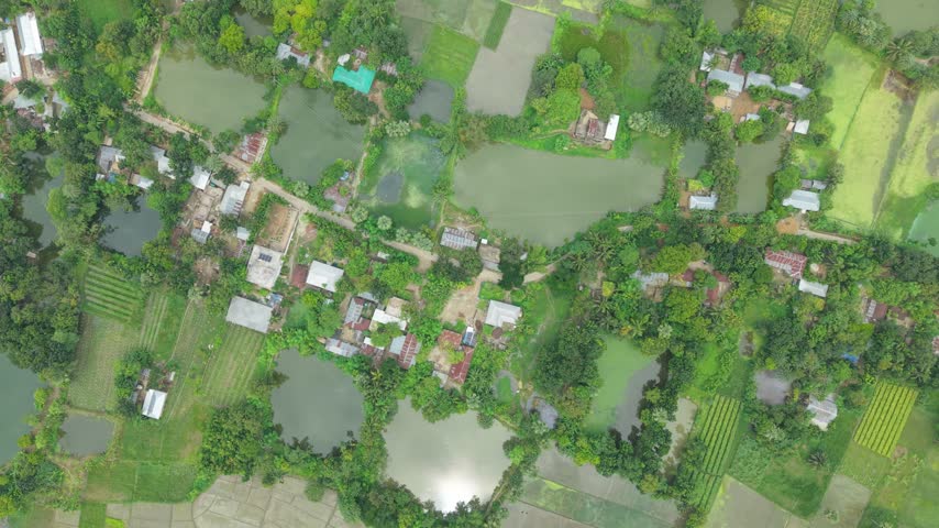 Aerial view of rural village with ponds and greenery