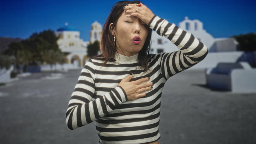 Young asian woman with hand on forehead and hand to chest wearing striped shirt on a sunny street by white greek buildings; dizziness discomfort.