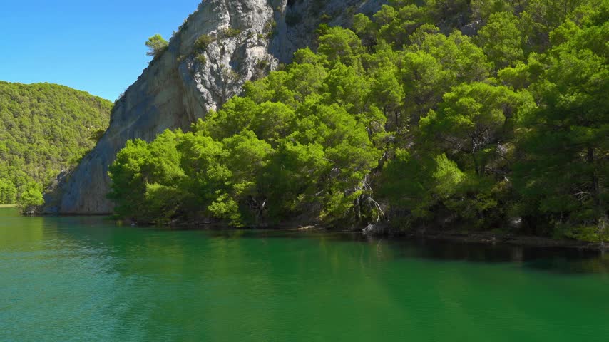 Scenic view of a lush green forest growing on a rocky cliff beside a calm river