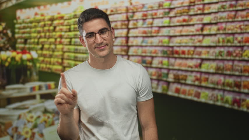 Man points finger up in a flower shop aisle filled with seed packets and tulip displays; quiet reminder.