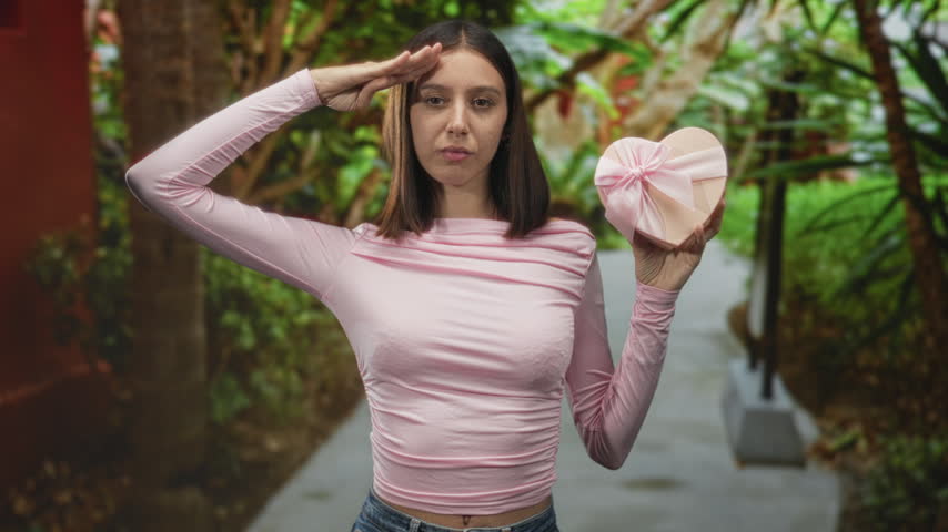 Young woman salutes holding a pink heart shaped gift box on a street lined with tropical plants; playful affection.