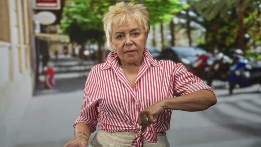 Woman adjusts shirt knot with hands on a street sidewalk with parked motorcycles and trees; quiet resilience calm.