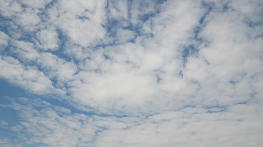 Partly cloudy blue sky changes in time lapse, moving white clouds, natural weather, atmospheric motion and peaceful scenic background.