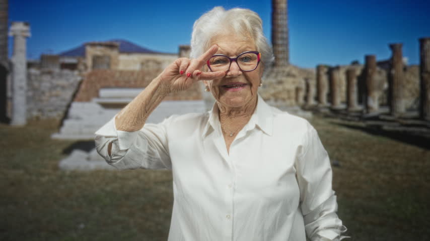 Senior woman holds a peace sign by her eye with two fingers, wearing glasses and a white blouse at archaeological ruins with stone columns; playful joy.