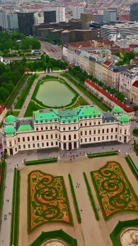 Aerial view of a beautiful panoramic view of the Belvedere Palace, with its parks and gardens, in Vienna, Austria