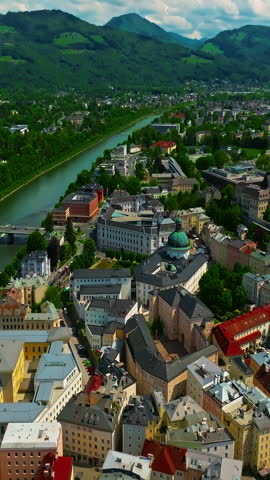 Aerial view of Austrian city of Salzburg is the birthplace of the famous composer Mozart