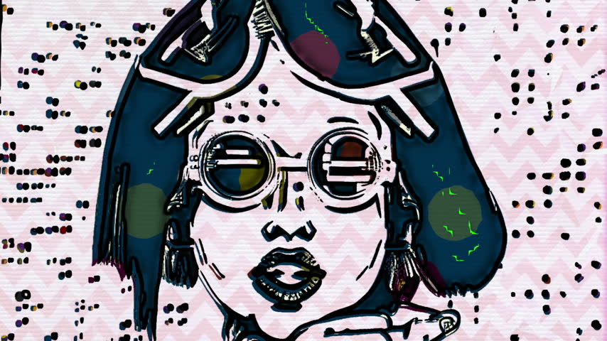 Pop Art Portrait Of A Fashionable Woman With Sunglasses And Blue Hair In Retro Illustration Style