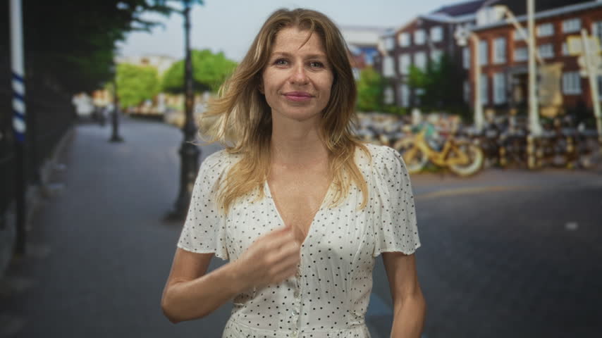 Woman with hand on chest on a city street, wearing white polka dot dress while brushing hair from face; gratitude warmth sincerity.