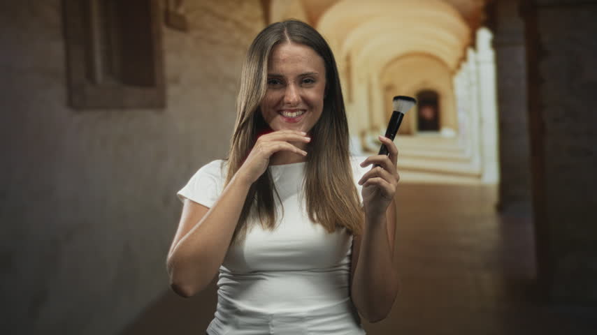 Woman holding a makeup brush, hand behind head, smiling in a building corridor wearing a white top; playful confidence.