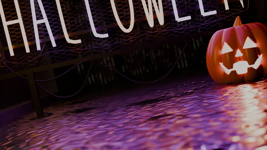 An urban alley leads to a carved pumpkin and suspended neon sign in amber atmospheric lighting.