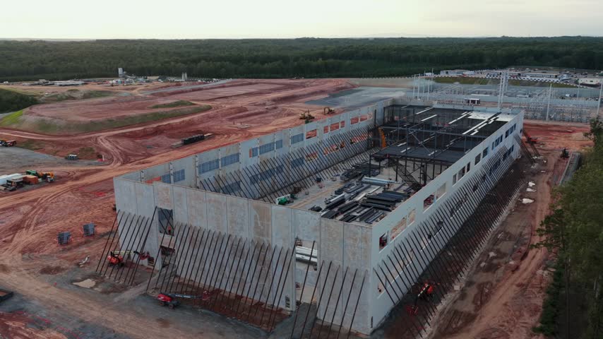 Data hall shell with braced walls and open roof steel in Louisa County, Virginia, backed by the substation, graded clay and pine forest under a pale evening sky. Aerial wide shot