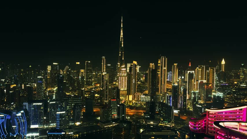 An authentic aerial night panorama showcasing Dubai