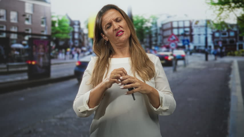 Hispanic middle age woman yawns and covers mouth with hand while holding car keys on a busy street near buildings and passing cars; tiredness waiting delay.