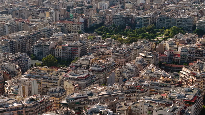 Drone View of Downtown Thessaloniki, Greece, Central Buildings and City Port