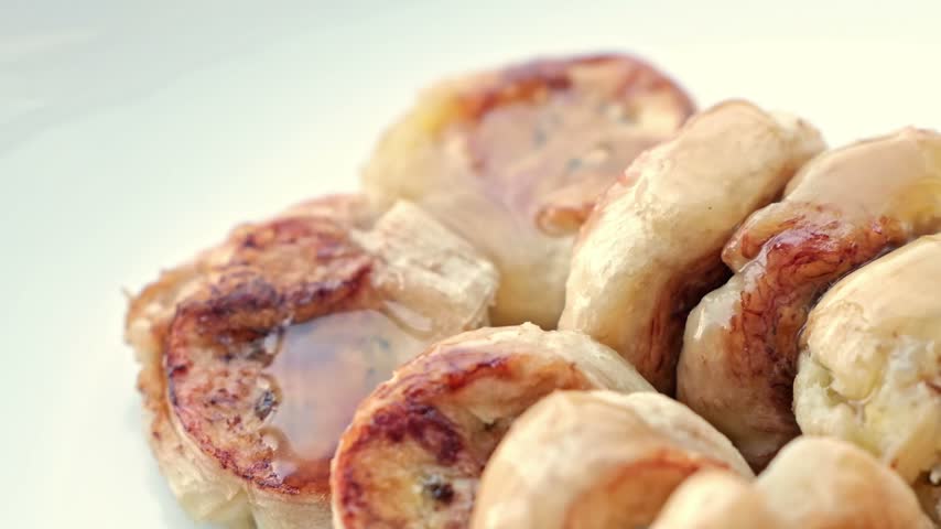 Clam Shell Fossil Specimen Closeup With Layered Mineral Texture, Fried Banana Dessert