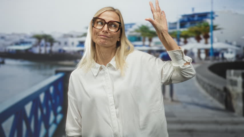 Woman wearing glasses raises hand at blue railing by waterfront and blows a kiss on street; playful curiosity.