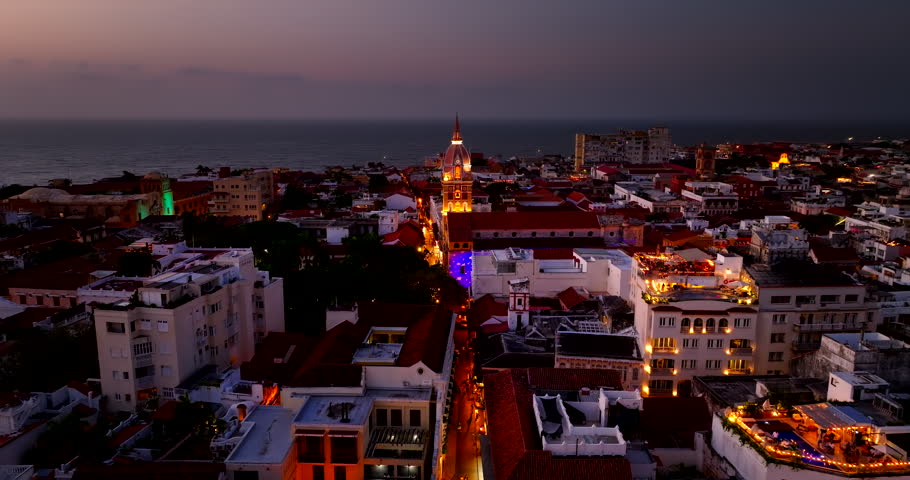 Twilight aerial view of Cathedral of Saint Catherine of Alexandria in Cartagena