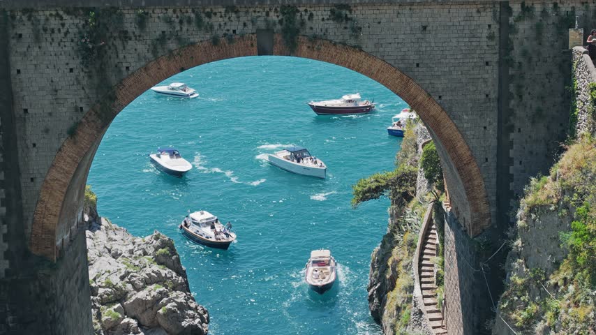 Historic Bridge and Boats on Furore Fjord Amalfi Coast Italy